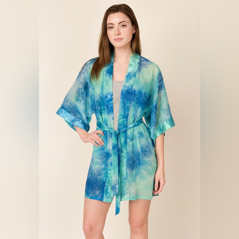VTG California Dynasty Satin & Chiffon Kimono Robe Tie Dye Blue Green Women’s M